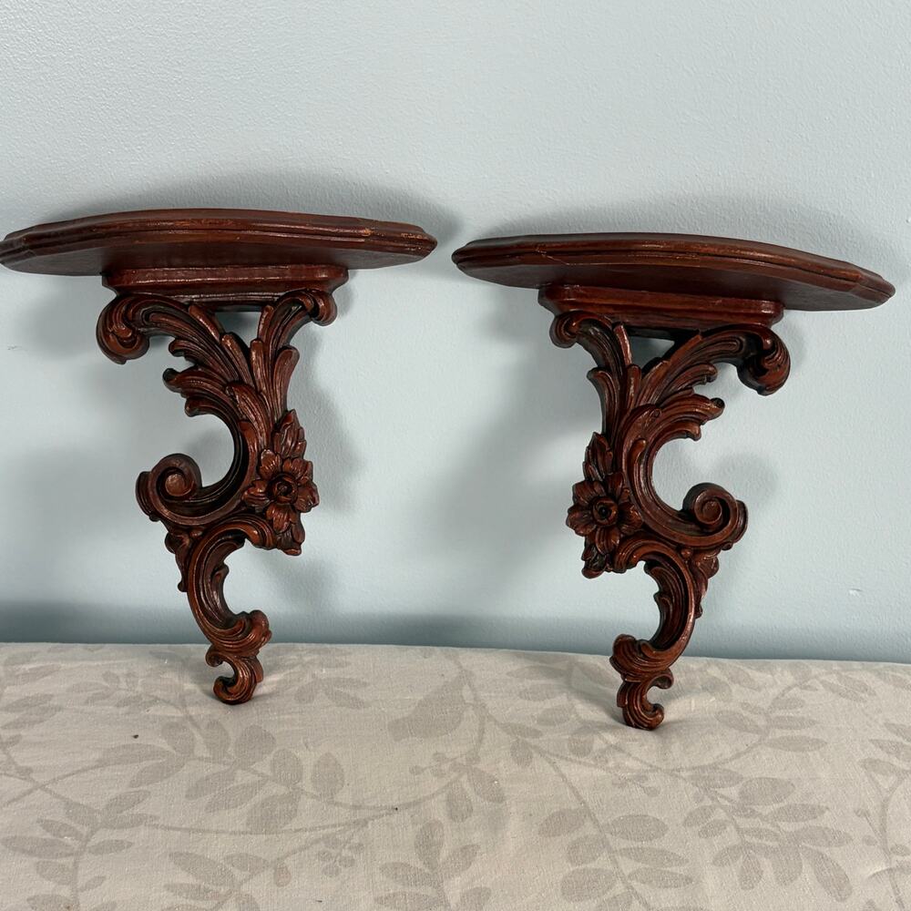 Vintage Tuscan Italianate Carved Wood Wall Shelves Pair Ornate Floral Scroll